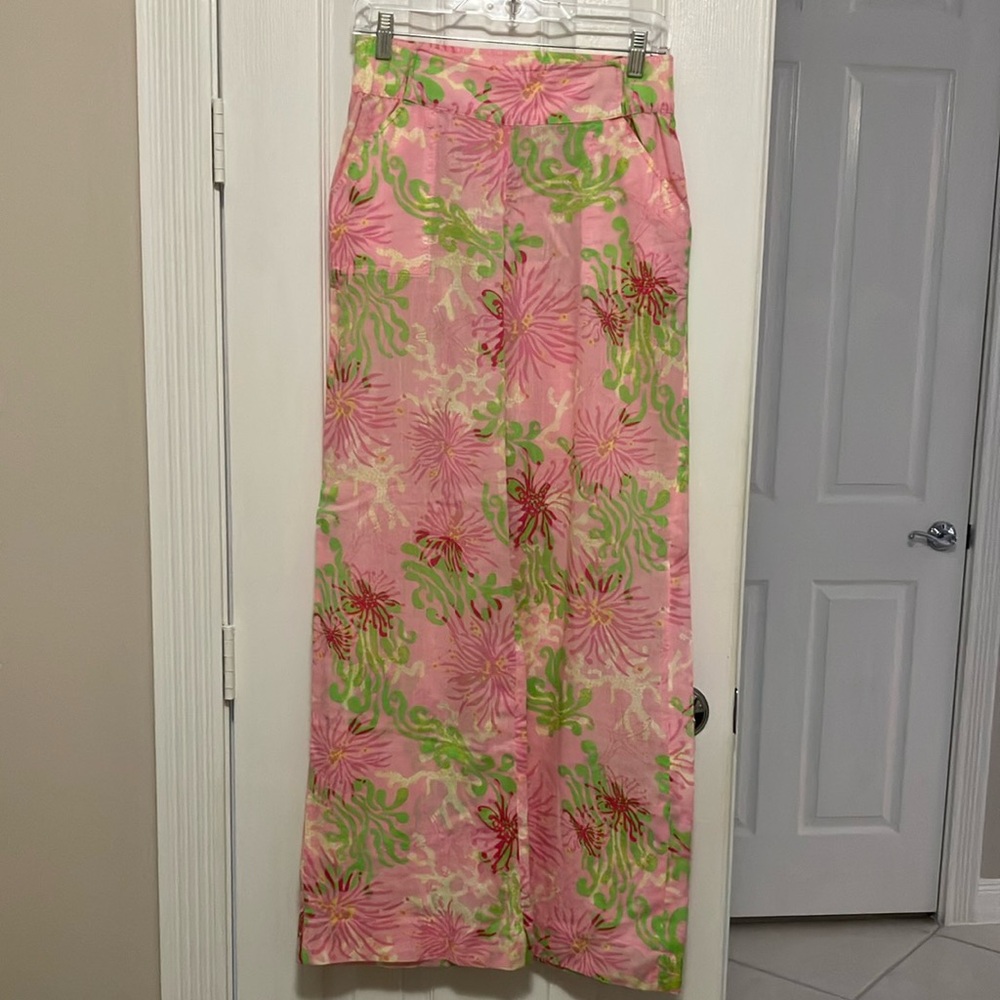 Lilly Pulitzer Floral Pink and Green Wide-Leg Pants